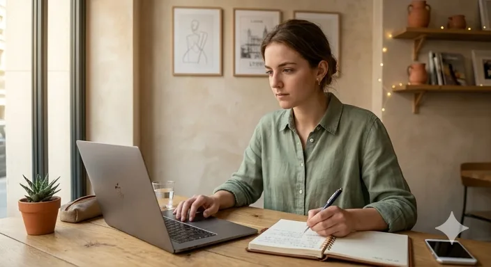 Étudiante en formation, concentrée, dans un intérieur lumineux