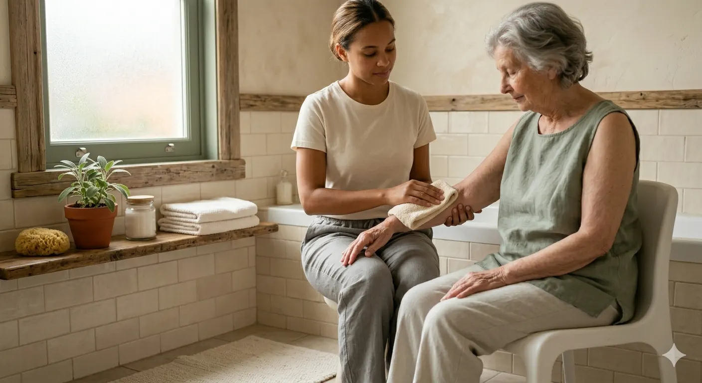 Étudiante AlterAges accompagnant une personne âgée dans son hygiène quotidienne